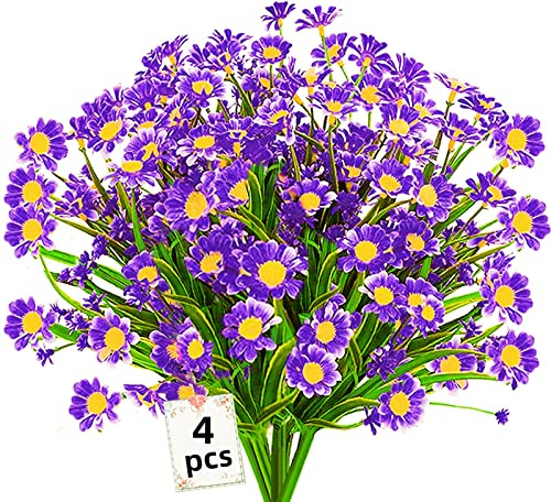 4Pcs Artificial Daisy Flowers, UV Resistant,No Fade,Indoor Outdoor, Purple | No fade fake floral plants for indoor,outdoor,garden,porch,cemetery,grave,wedding and home.UV Resistant Faux Shrubs,Purple