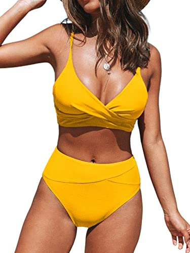 CUPSHE Women's Twist Front High Waisted Bikini Set V Neck Padded Two Pieces Bathing Suits Swimsuits Royal Blue XS