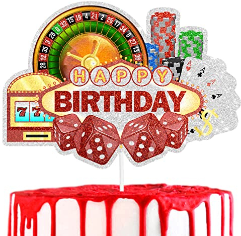 Las Vegas Casino Happy Birthday Cake Topper - Adult Gambling Birthday Roulette Themed Birthday, or Gambling Night Party Decor - SugarGera