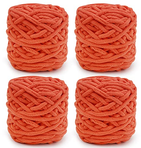 Strickwolle 4 x 100 g, mehrfarbiges Strickgarn zum Häkeln, weiches, klobiges Garn für Garnprojekte, Plüschbälle, handgefertigte Taschen, Pullover Schuhe Mützen Pullover Decken Schals (Orange)