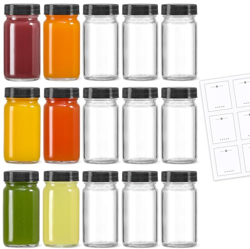 Mini-Glasflaschen mit schwarzem Deckel und 15 Etiketten, klein, transparent, für Ingwer, Wellness-Shot, Saft, Probe, Whiskey, Reiseutensilien, breite Öffnung, auslaufsicher, spülmaschinenfest, 15