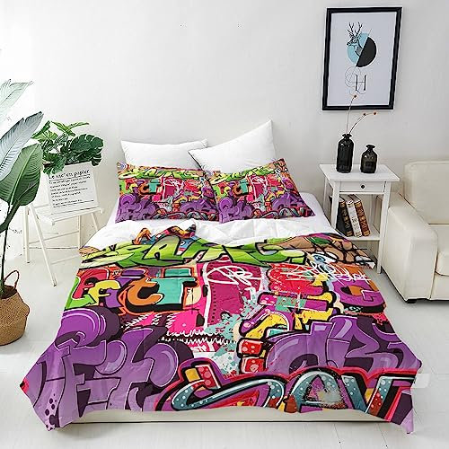 ANHOPE Graffiti Bettwäsche Set 3 Teilig Abstrakte Hippie Doodle Bettbezug 135x200 cm + 2 Kissenbezug 50x70 cm Weich Microfaser Bettbezüge mit Reißverschluss Bettdeckenbezug für Kinder Jungen Mädchen