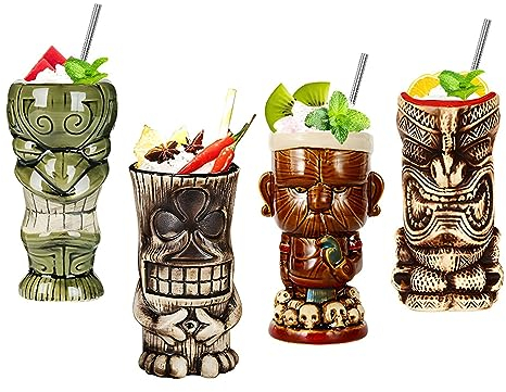 Morlinca Tiki Mugs–Tiki Becher 4er Set–Keramik Tiki gläser Cocktailgläser Tiki Bar deko Tiki Cocktail Party–Tiki Themed Parties–Halloween Parties–Hawaiianische Party,A13