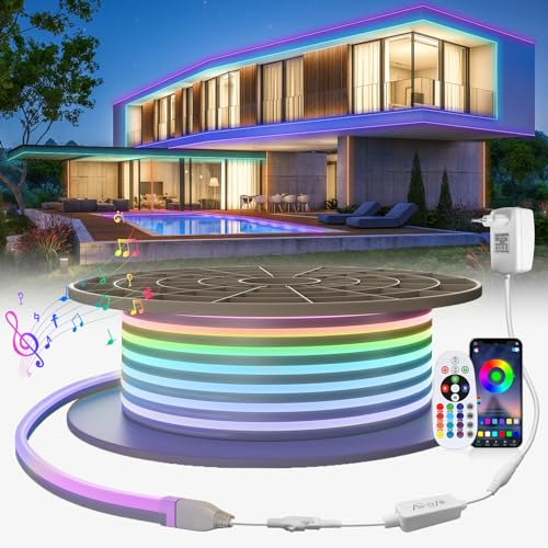 SUCIKORIO Neon Led Strip RGBIC 10m, Außen LED Streifen IP65 Wasserdicht RGB Led Lichterkette Musik Sync Flexibler DIY Lichtband Aussenbereich mit Fernbedienung und App für Haus, Party, Küche
