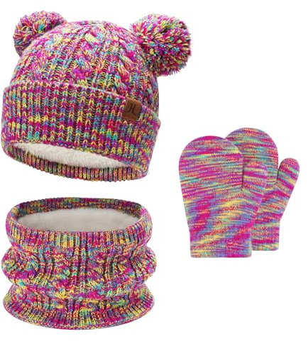 Kinder Winter Mütze Loop Schal Handschuhe Set, Pompom Wintermütze Strickmütze Schlauchschal Fäustlinge für 0 6 12 18 Monate Baby Kleinkinder 0-4 Jahre Mädchen Jungen, Rosenrot