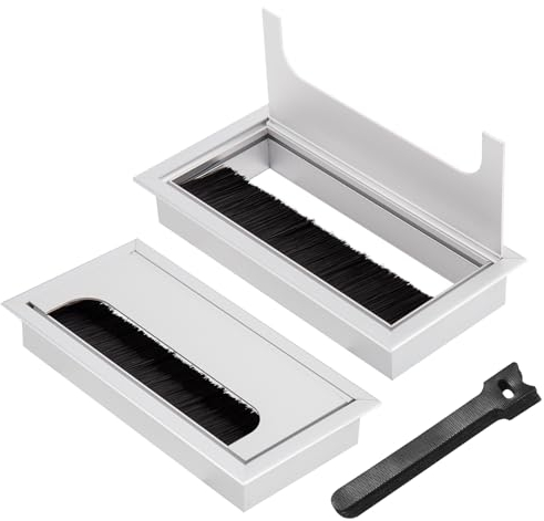 2 Piezas Pasacables Mesa Oficina, Tapa Pasacables Encastrable Embellecimiento Agujero Organizador de Cables, de Junta de Cepillo Aluminio, de 10 Piezas de Bridas (160x80mm, Plata)