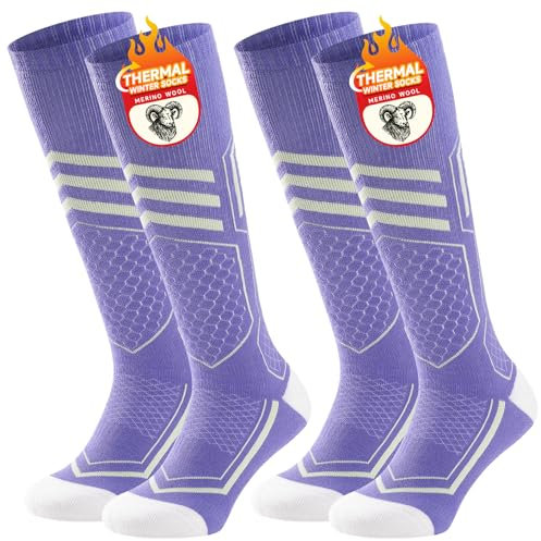 TANSTC Merinowolle Skisocken Damen 39-42, Hohe Elastizität Dicke Thermosocken Herren Winter Warme Sneaker Merino Socken Für Skifahren Snowboarden Wandern Camping, Wandersocken Wintersocken Lila 2 Paar