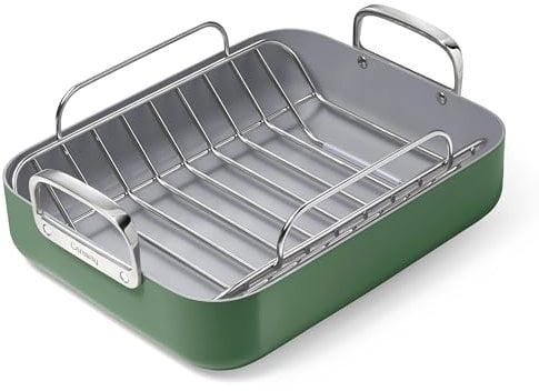 Caraway Bräter – 40,6 x 33 cm Bräter mit Rost – Antihaft-Keramikbeschichtung – ungiftig, PTFE- und PFOA-frei – ofenfest und kompatibel mit allen Herdarten – Salbei