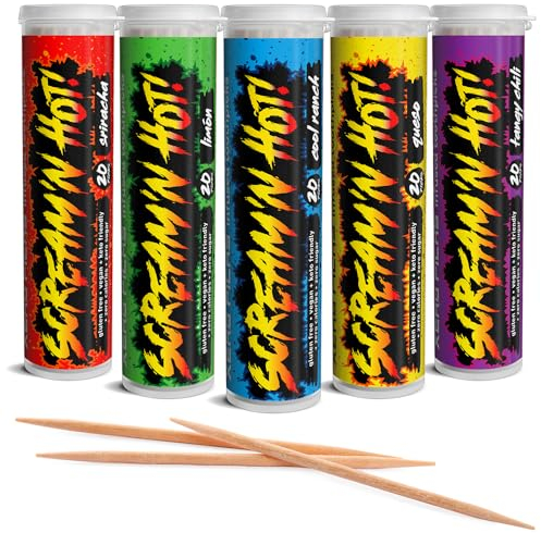 Xero Picks® Scream'n - Palillos de dientes con sabor caliente (100 palillos, paquete de 5 (Cool Ranch, Limón, Queso, Chile picante, Sriracha)