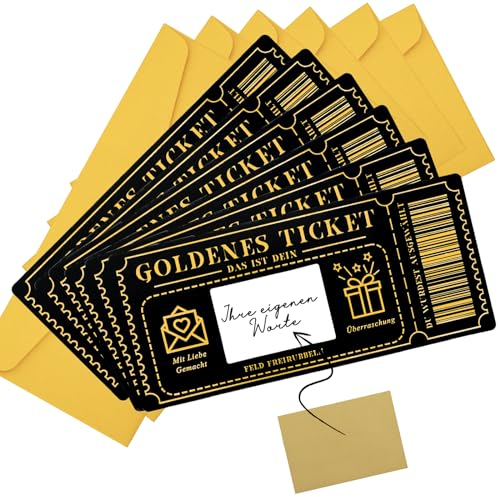 6 Stück Gutschein zum selber ausfüllen mit Rubbelaufkleber,Rubbelkarte zum beschriften mit Umschlägen,Goldene Ticket Rubbel-Geburtstagskarten,Geschenke für Frauen, Weihnachtsgeschenkkarten-Schwarz