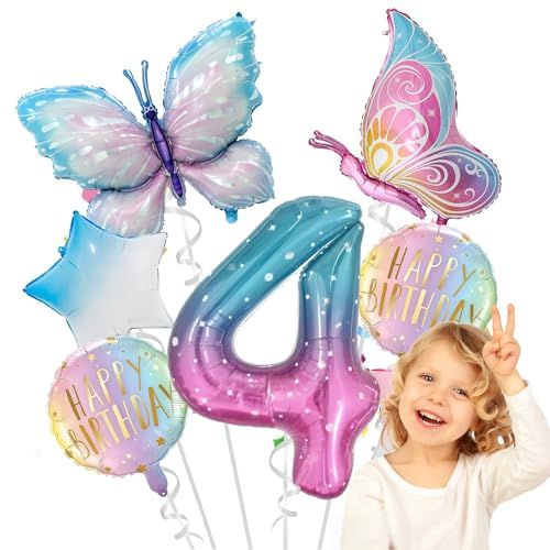 Landrain 7 Stück Kinder Deko Geburtstag Mädchen, Geburtstagsparty Luftballon 4 Jahre, Schmetterling Luftballons Geburtstag Mädchen