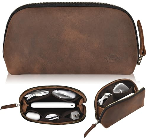 NUTUCH Tech-Tasche aus Leder für Kabel, Ladegeräte, Handy, Tech-Tasche, Reißverschluss, Reisezubehör, Elektronische Organizer-Hülle, Reisetasche (Vintage Dunkelbraun)