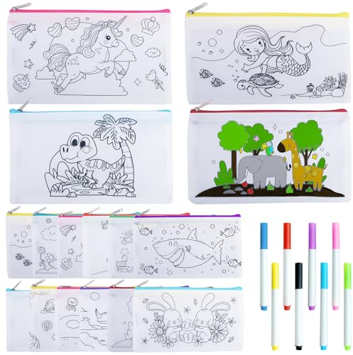 12 Stück Stoff Federmäppchen Zum Bemalen mit Motiv für Kinder Blanko Stoffbeutel Reißverschluss Mäppchen Zum Ausmalen DIY Graffiti Non Woven Taschen Anmalen Bastelset für Kindergeburtstag Schule