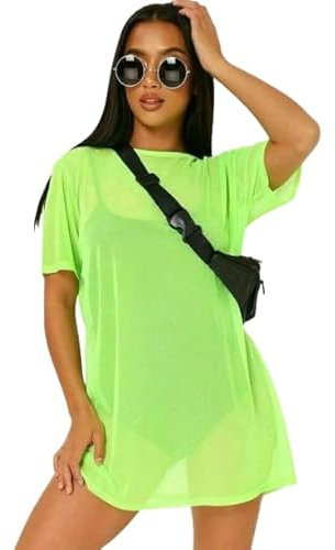 Best Look Ladies Short Sleeve Oversized Sheer Mesh T-Shirt Dress See Through Top (UK, Alpha, M, Regular, Regular, Neon Green)