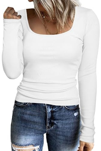 Aottori Long Sleeve T Shirts Women Ladies Square Neck Basic Tunic Tops Ribbed Cotton Base Layer Underwear Solid Plain Pullover for Spring Autumn Winter White XL