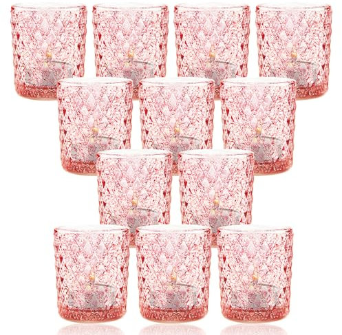 Bougeoir Photophore en Verre Rose,Lot de 12 Bougie Bougeoirs Votifs en Rose,Bougeoirs Votifs en Verre,Photophores en Verre pour Centres De Table,Cadeaux De Fête,Halloween,Décorations De Noël