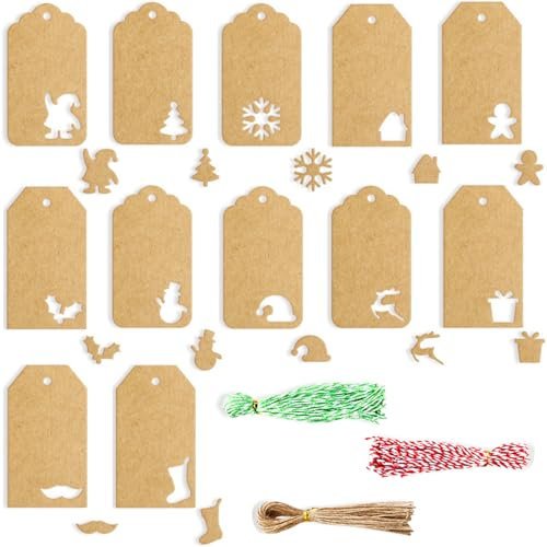 144PCS Kraftpapier Etiketten Tags, BetterJonny Geschenkanhänger Kraftpapier Weihnachten Etiketten Tags Kraftpapier mit Schnur Weihnachten Anhänger Etiketten Preisschilder für Weihnachten Verpacken