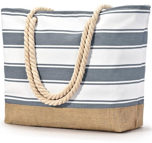oscaurt Strandtasche XXL Familie Shopper Tasche Damen Badetasche Wasserdicht Umhängetasche Beach Tote Bag mit Reißverschluss Faltbare Reisetasche Sporttasche Travel Bag (Dunkelgrau Streifen)