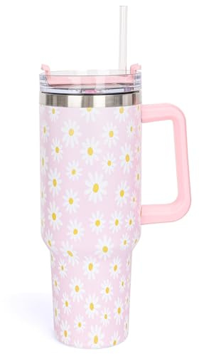 Whaline 40oz Pink Daisy Tumbler with Handle Straw and Lid Cute Flower Travel Coffee Tumbler Cup for Women Friend Holiday Birthday Gift