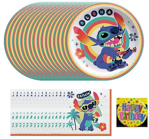 Stitch 7 Round Plates, and Beverage Napkins Serves 16 | Officially Licensed | Includes Happy Birthday Button | Party Supplies Pack Bundle of 3 Items