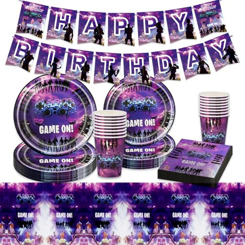 Game Birthday Decorations for Boys - Video Game Kids Tableware Set With Banner, Plates, Cups, Napkins, Tablecloth for Gamers Lovers Theme Supplies - 20 Guests