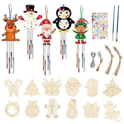 SULIUDAJI 5 Pcs Carillons DIY Et 12 Pcs Pendentif En Bois De Noël - Carillon À Fabriquer Et Peindre Pour Enfant - Père Noël, Renne - Loisir Créatif Fille Garçon