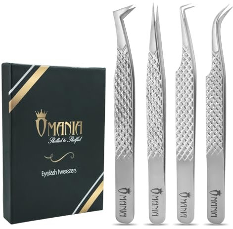 OMANIA Eyelash Extension Tweezers Set – 4-Piece Professional Japanese Steel Lash Tweezers for Volume & Classic Lashes, Handmade Non-Slip Grip for Precise Isolation, Salon & Home Use