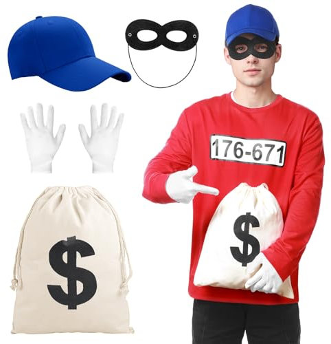 Angenster Herren Bankräuber Kostüm T-Shirt, Panzerknacker Kostüm Karneval Outfit mit Langarm-Shirt Maske Handschuhe, Herren Damen (Stil B, S)