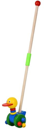Jouet à Tirer, Canard à Pousser avec tête Mobile en Bois, Bâton à Pousser, Bois Poussez Tirer Le Long De Bébé Marche, dès 18 Mois, Taille du Manche Adaptable