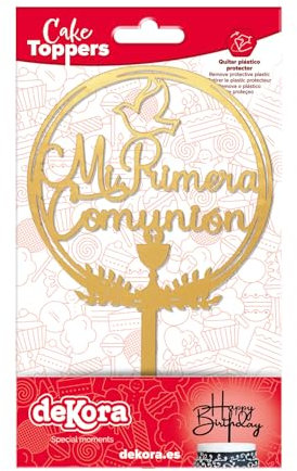 dekora – Cake Topper “Meine Erste Kommunion” Gold – Tortenaufsatz für Kommunionstorten und Sweet Tables – Lebensmittelechter Kunststoff – 16 x 9,5 cm – Wiederverwendbar – Nicht essbar