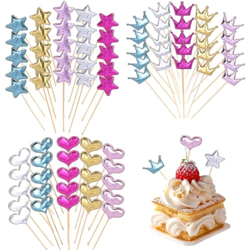 Eowppue Muffins Deko Muffin Deko Stern Herz Krone 60 Stück Glitzer Papier Cupcake Deko Bunte Muffin Dekoration für Geburtstag, Hochzeit, Party, Mädchen, Feier
