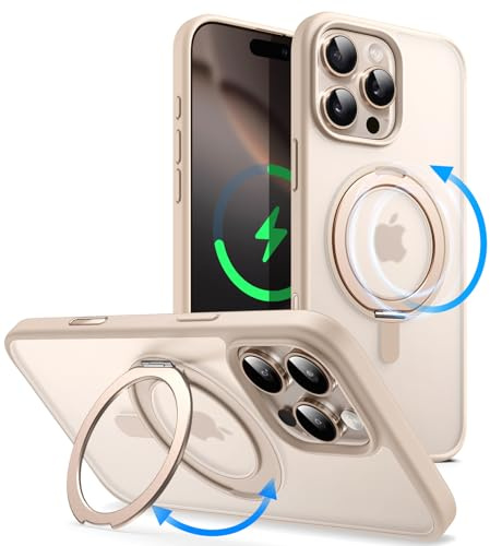 JETech Coque avec Anneau-Support pour iPhone 16 Pro, Titane Sable | Compatible avec MagSafe, Bouton de Contrôle de Caméra, Support Rotatif à 360°, Dos Mat Translucide, Anneau Porte-Bague