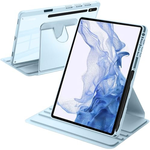 A-BEAUTY Coque Rotative Compatible avec Samsung Galaxy Tab S8 Plus 2022 / S7 FE 2021 / S7 Plus 2020 12.4 Pouces Étui Dos Transparent Antichoc, Réveil/Sommeil Auto, Bleu Ciel