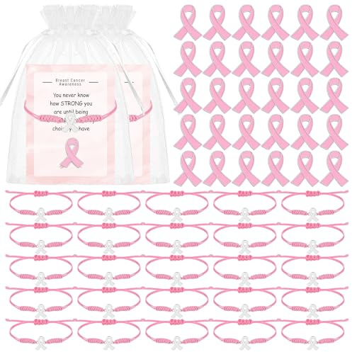 30Set Cadeaux au Cancer du Sein avec Bracelet de Sensibilisation au Cancer du sein,Bracelet en Rose avec Ruban,Rose Broches Ruban Épingles Pin,Carte,Sac pour Femmes Cadeau de Sensibilisation au Cancer