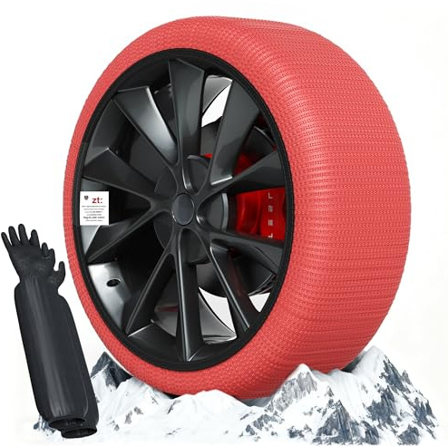 Suriwee Textil Schneeketten EU Norm 16662-1 homologiert, Universelle Ketten für den täglichen Einsatz bei Schnee und Eis - Kit mit 2 Schneeketten + Handschuhe（Rot L）