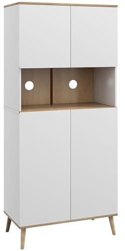 HOMCOM Alacena de Cocina Mueble Auxiliar de Cocina con 4 Puertas Encimera para Microondas Estantes Ajustables Orificio de Cable y Patas de Madera Estilo Moderno Blanco 80x40x178 cm