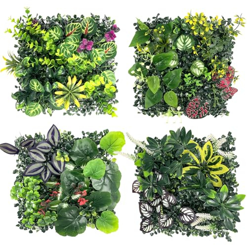 Lxoraziy Mur Végétal Artificiel 4 Panneaux 25x25cm, Plantes Artificielles Mural Imitation Feuillage pour Décoration Intérieure Extérieure Jardin, Balcon, Salon, Bureau, Mariage -D