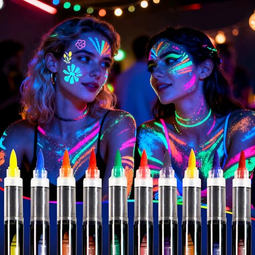 Oiomniv Glow in The Dark Face Paint Markers, 10 Colors UV Neon Body Paint | Fluorescent Only under UV or Blacklight, Waterproof, Skin-Safe and Washable for Temporary Tattoos, Halloween and Festivals