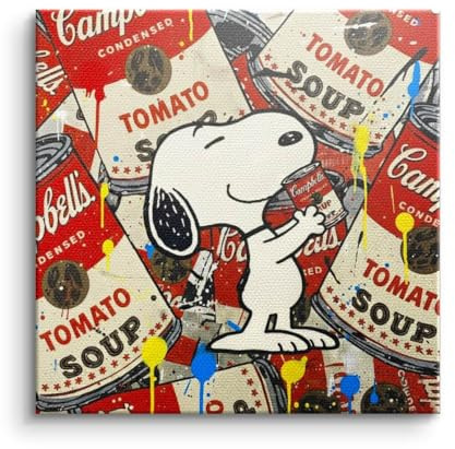 Pop Art Leinwand Bild, Poster Snoopy, Campbells Tomato Soup Wandbild, Kunstdruck quadratisch, Mixed Media Druck, moderne Kunst fürs Wohnzimmer Schlafzimmer Flur