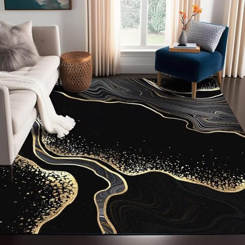 Kuluoits Marmor Schwarz Gold Teppich 100x150cm Moderne Abstrakte Linien Luxuriöser Indoor Moderner Teppich für Eingangsbereich, Büro Waschbarer Teppiche für Schlafzimmer Wohnzimmer, Kaminzimmer