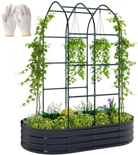 Outsunny Jardinière avec Treillis Arqué Fond Ouvert 160x90x180cm Gris Foncé | Bac à Fleurs en Métal, Lit Surélevé avec Brise-Vue, Gants Inclus, Plantes Grimpantes, Légumes, Fleurs