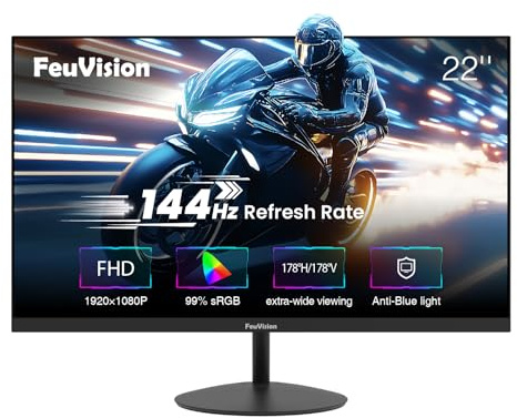 FeuVision 22 Zoll Gaming Monitor 144Hz, FHD 1080p PC Bildschirm | 99% sRGB, 4000:1 Kontrast, Rahmenlos Bildschirm, VESA, Blaulichtfilter, HDMI, VGA Anschluss