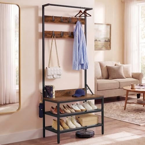 YITAHOME Coat Stand Clothes Shoe Rack, Hallway Storage Unit, Black | 3-in-1 Freestanding Industrial Clothes Rail with Bench 9 Hooks, 2-Tier Shoe Shelves for Living Room Bedroom, 72x34x182.5cm