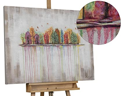 KunstLoft Leinwandbild | 100% HANDGEMALT | 100x75cm | Gemälde 'Buoyant Spirit' | Wald & Bäume | Bunt Beige | Wandbild Wohnzimmer