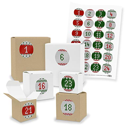 DIY itenga AdventskalenderSet V03 zum Selberbefüllen 24x Quader Würfel gemischt WEISS/BRAUN (Kraftkarton) + Sticker (Motiv Z28 Strickoptik)