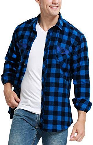 JEETOO Homme Chemise à Carreaux Manche Longue Casual Slim Fit en Flanelle (Bleu Noir, Medium)