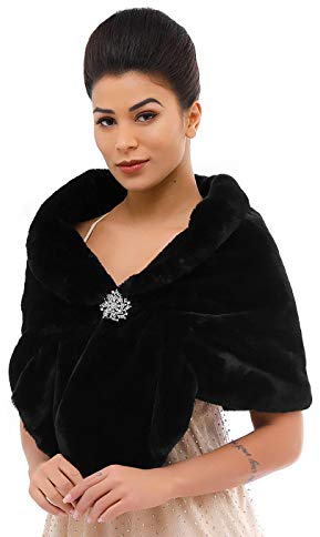 Unicra Brauner Damenschal aus Kunstfell, Stola aus Kunstfell, Stola für Braut und Brautjungfern, Schwarz , Einheitsgröße