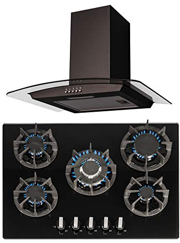 SIA 70cm Black 5 Burner Gas On Glass Hob & Curved Glass Kitchen Cooker Hood Fan