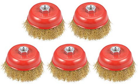 sourcing map 4-Inch Wire Cup Brush Brass Plated Crimped Steel with M14 Threaded Hole 5 Pcs