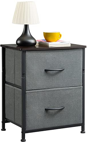 Somdot Nachttisch mit 2 Schubladen aus Stoff, Beistelltisch Klein mit Metallrahmen, Nachtschrank, Nachtkästchen, Kleiner Schrank für Schlafzimmer Wohnzimmer Kinderzimmer, Kohlegrau
